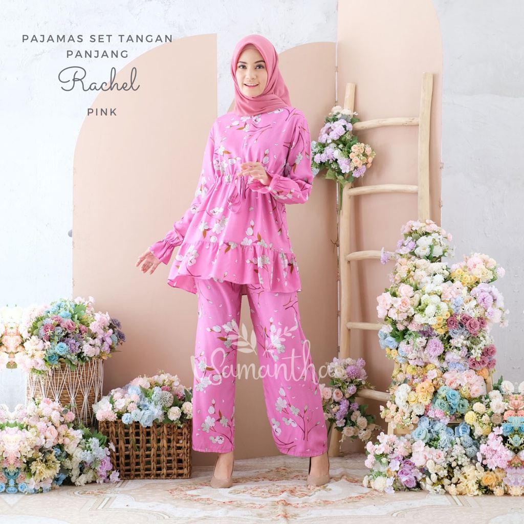 vSamantha - Pajamas Set / Piyama Set Muslim Rayon Rempel Busui Friendly - Tangan Panjang-Rachel Pink