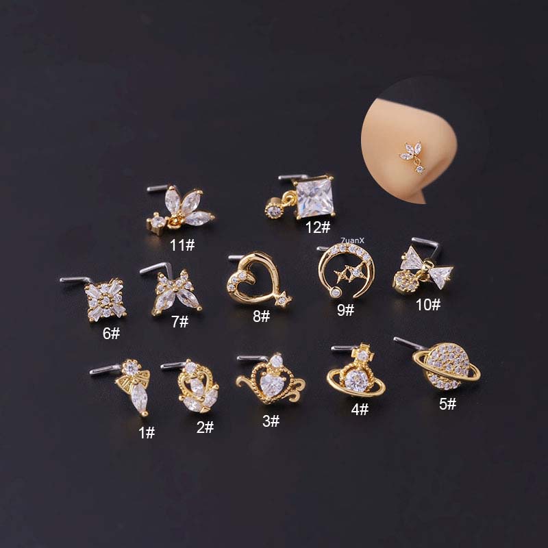 1pc Anting Tindik Hidung Bentuk L Bahan Stainless Steel Dengan Zircon 20Gauge