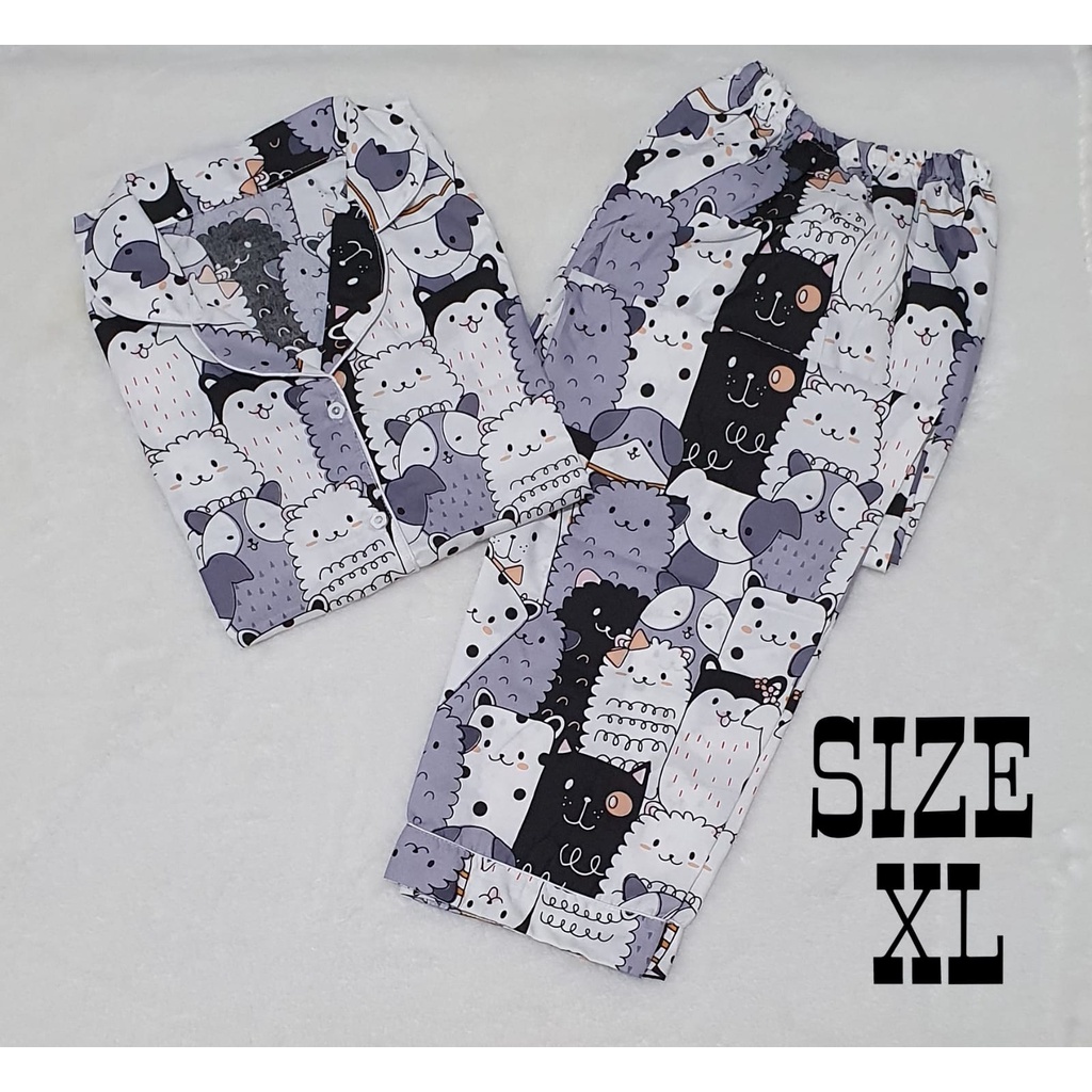 Baju Tidur Dewasa Gambar Lucu LD 104cm / Piyama Katun Lengan Pendek Celana Panjang CP-XL CAT LOVE ABU CP