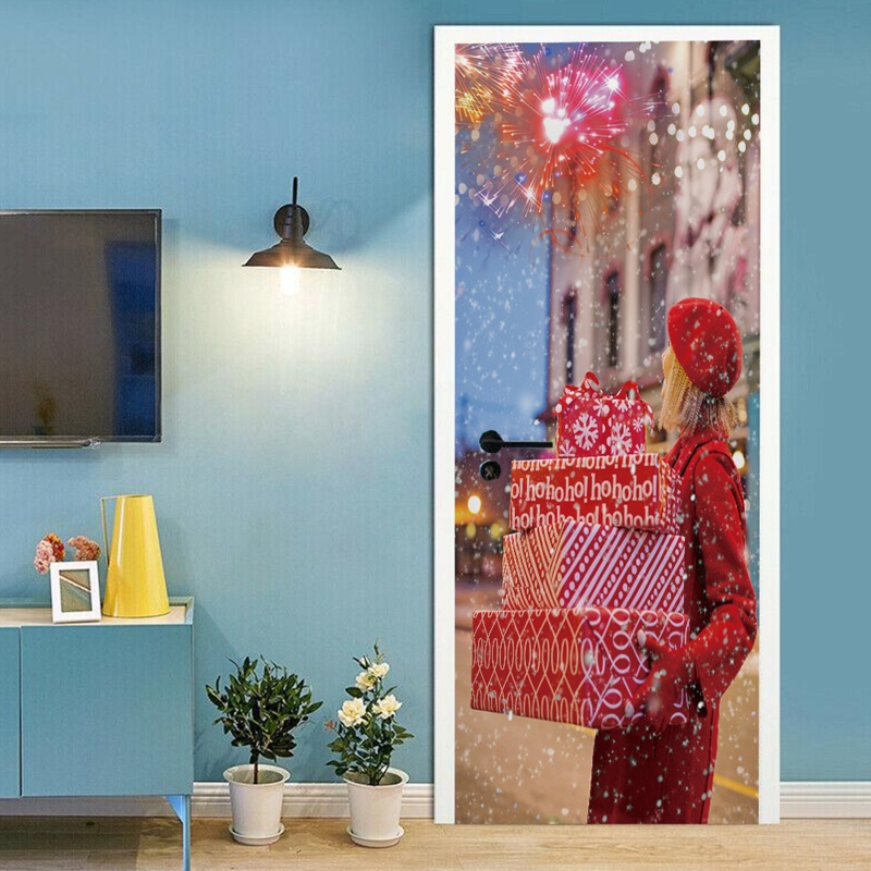 Zzz 2pcs / set Stiker Dinding / Pintu / Kulkas Anti Air Motif Wanita Tema Natal Untuk Dekorasi Rumah