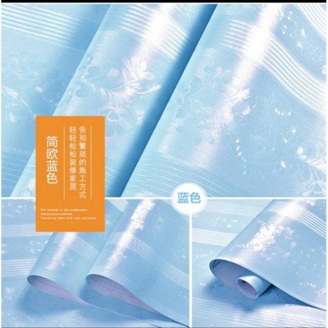 Baru - Murah Wallpaper Sticker Dinding Polos Biru Bunga Garis Minimalis Elegan 10 meter