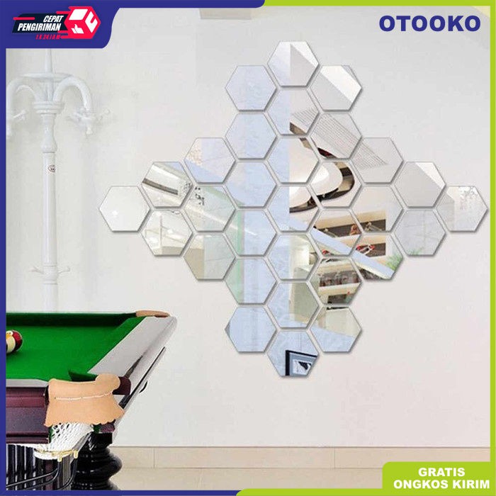 Stiker Wallpaper Dekorasi Design vinyl Cermin Mirror hexagonal isi 7