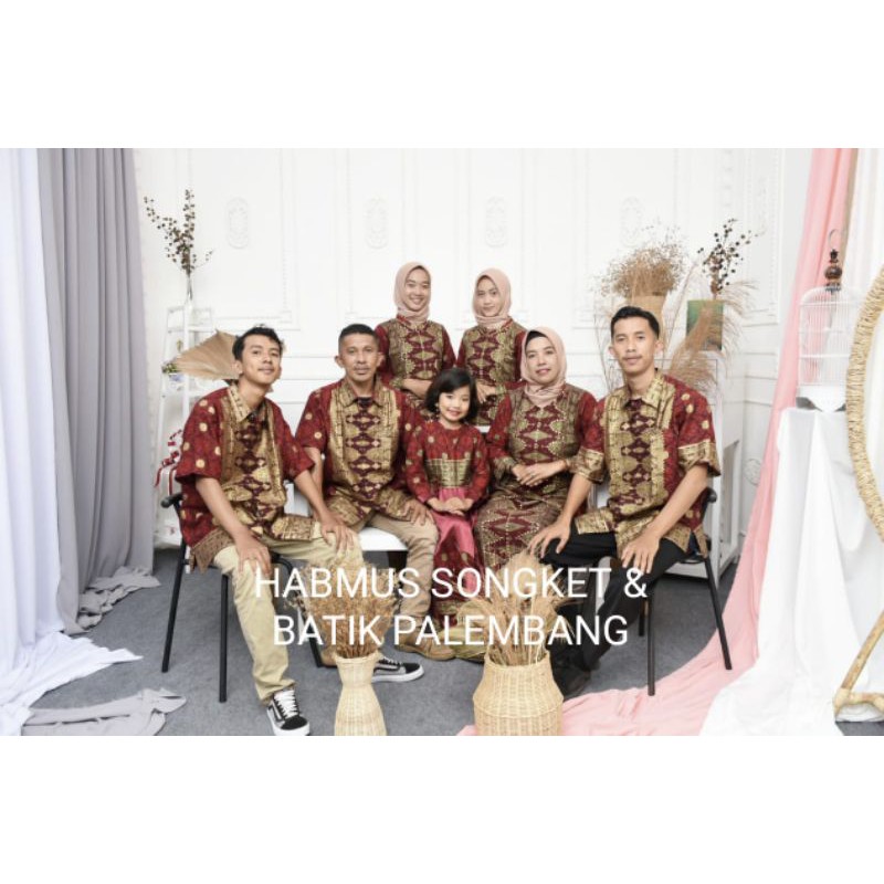 setelan couple batik songket palembang maron gold