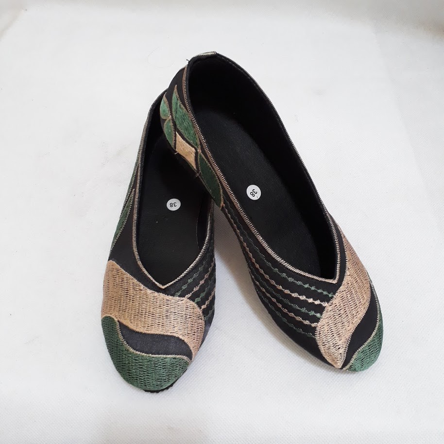 etnik fashion sepatu bordir flat slip on ombak hijau