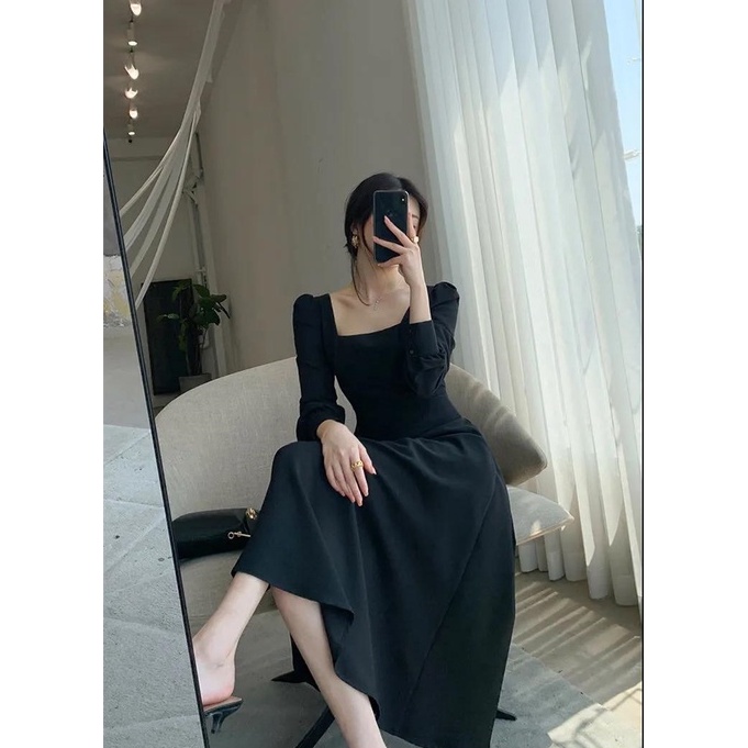 XIAOZHAINV Dress Wanita Korean Style Lengan Panjang Hitam H6673