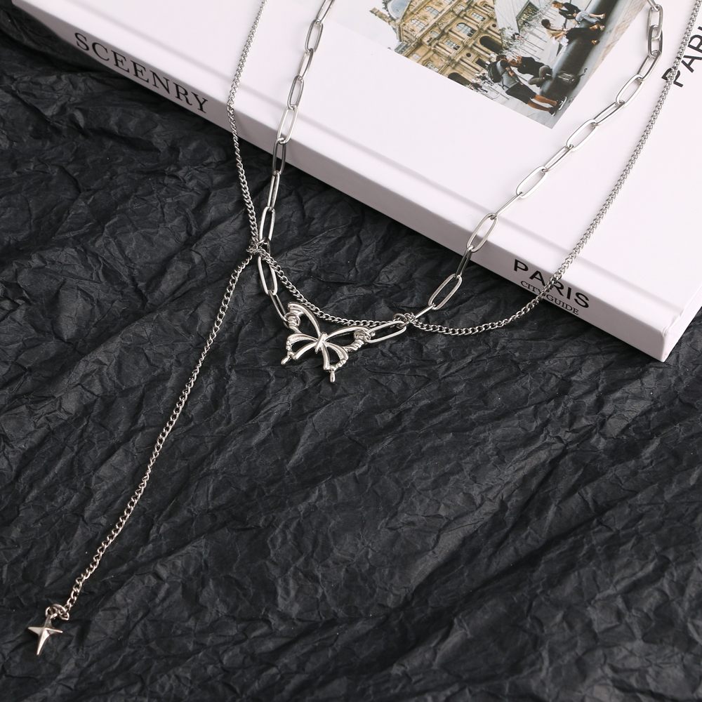 Multilayer  Butterfly  pendants necklace Tassel chain ins niche design clavicle chain personality sweet cool hip-hop jump di clavicle chain necklace