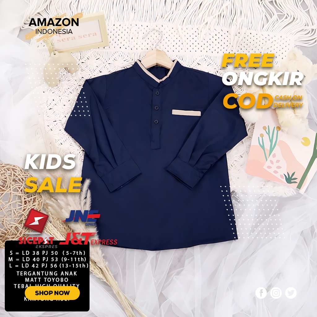 BAJU KOKO COWOK BAJU MUSLIM ANAK LAKI LAKI LENGAN PANJANG WARNA NAVY POLOS KAIN KATUN TOYOBO TEBAL HALUS