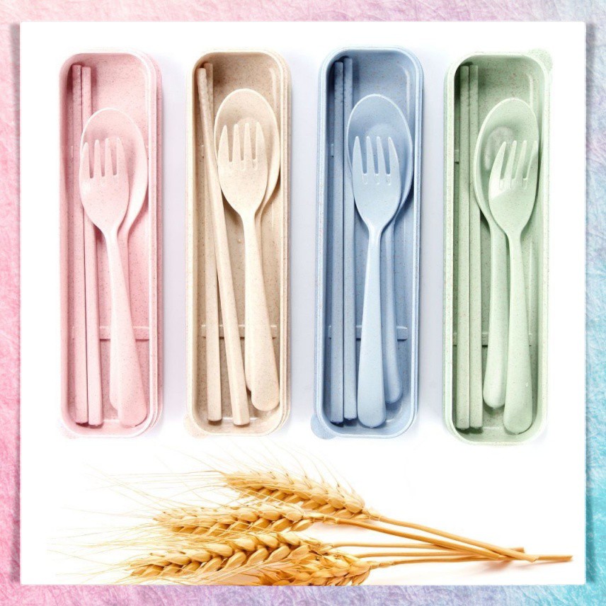 1 Set Alat Makan Sendok Garpu Sumpit + Box Plastik Jerami | Wheat Straw Portable Travel Cutlery