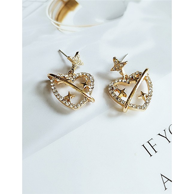 LRC Anting Tusuk Fashion Yellow Love Heart Earrings With Diamonds D64439