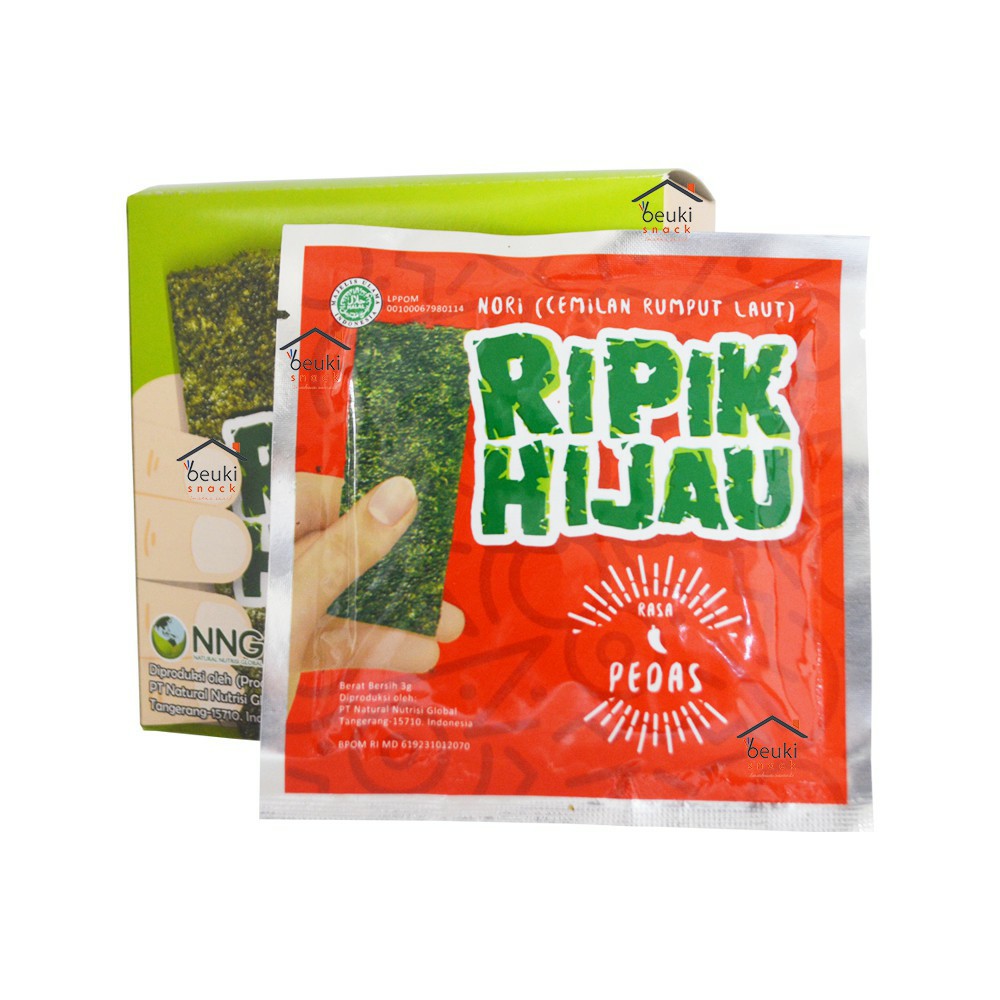 

BOX Ripik Hijau Pedas Snack Rumput Laut Rasa Nori Pedas Nikmat Seaweed Khas Indonesia - 12pcs x 3gr