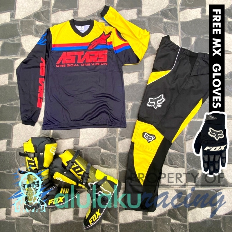 Jersey, Celana, Sarung Tangan &amp; Sepatu Fullprint with Protectors Fullset MX Trail Motocross - Paket Bundling ASCTFG041507-F41