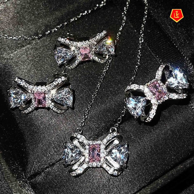 [Ready Stock]Diamond Bow Stud Earrings Elegant Necklace Ring Set