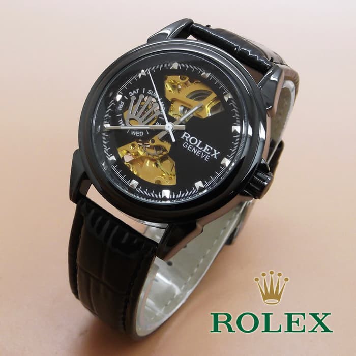 Jam Tangan Pria / Cowok Rolex Skeleton Geneve Leather Full Black