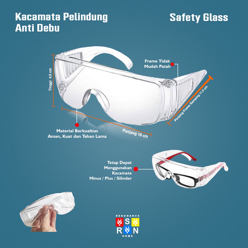 Kacamata Safety Glass Putih Transparan Anti Virus &amp; Debu Resonance Home