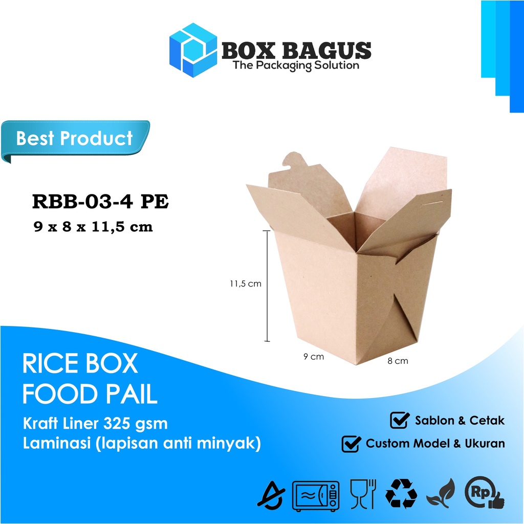 RICE BOX FOOD PAIL DUS KOTAK HAMPERS MAKANAN NASI MIE KUE SNACK 9x8x11,5 cm PAPER KRAFT 325 gsm LAMINASI