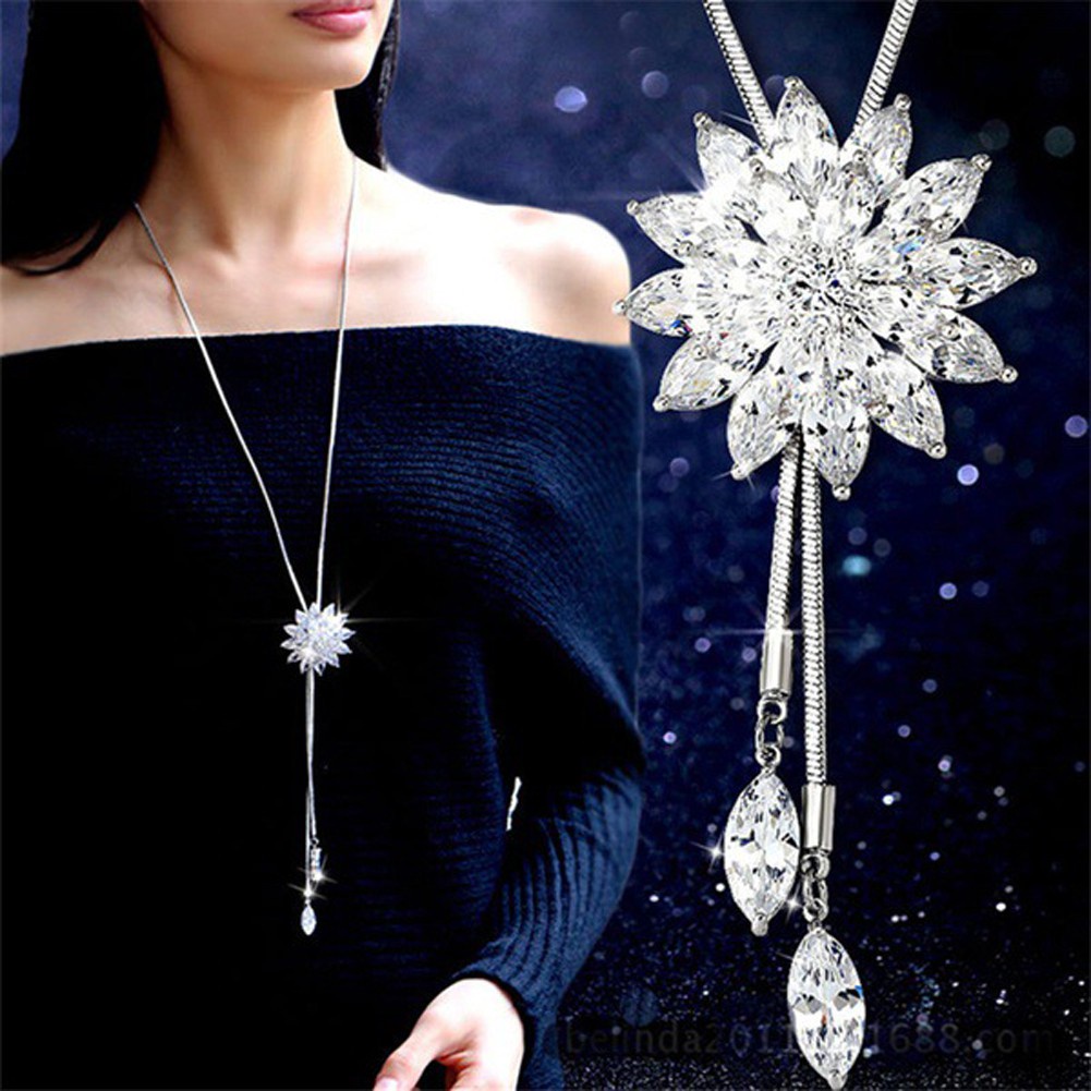 Zircon Snowflake Long Necklace Crystal Flower Pendant Necklaces