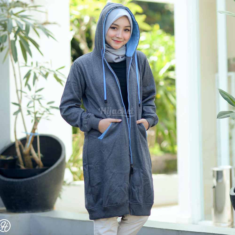 Jaket Jacket Polos Panjang Wanita Cewek Muslimah Hijabers Hoodie Kekinian Abu Tua Hijacket BC Misty-Abu Tua + Turkish