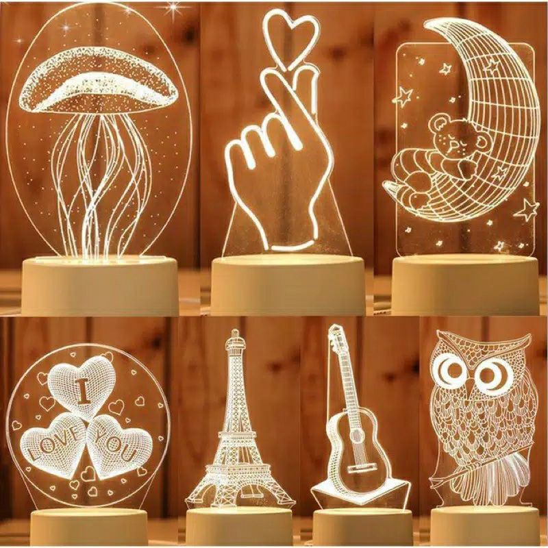 Lampu Tidur Hias LED 3D Acrylic Transparant Kaca Bening Pajangan Hiasan - missbejo grosir