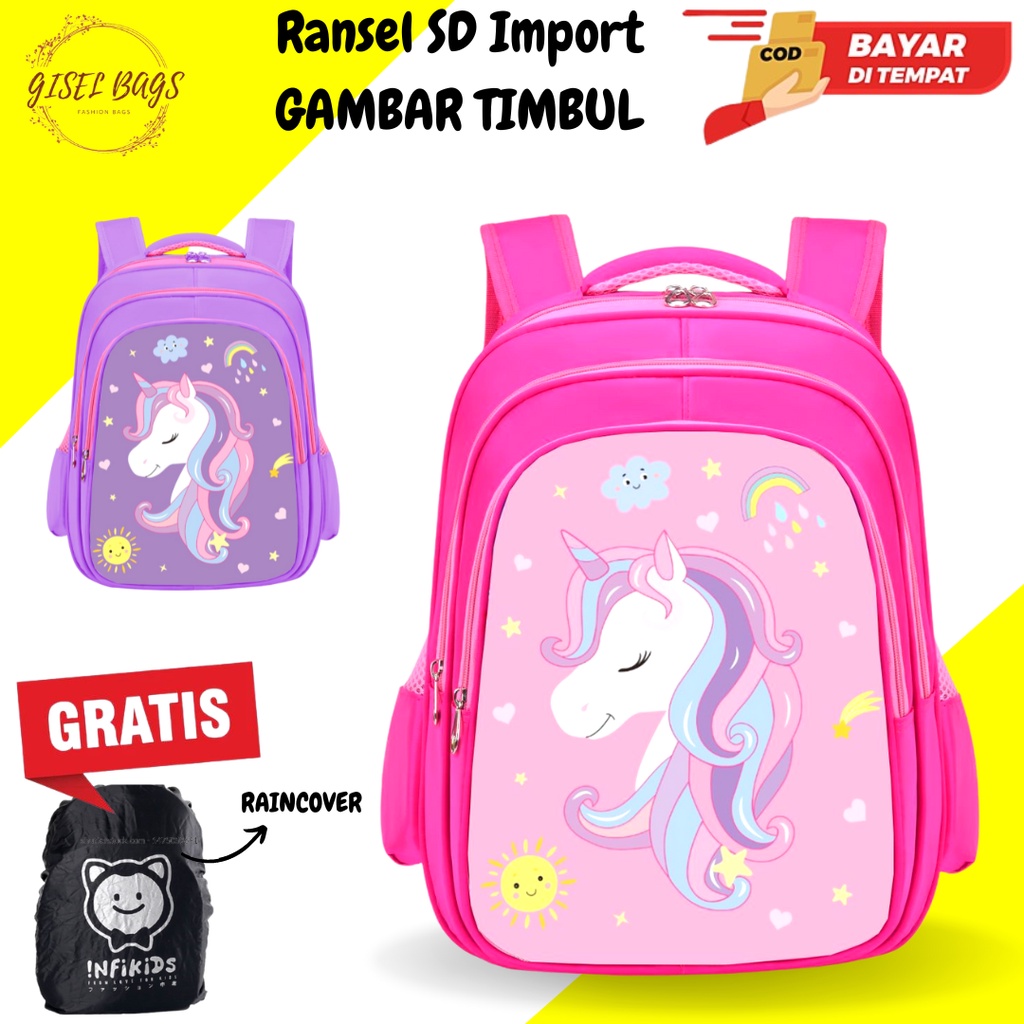 GB Tas sekolah anak perempuan SD gambar timbul ransel anak import bahan nilon tebal