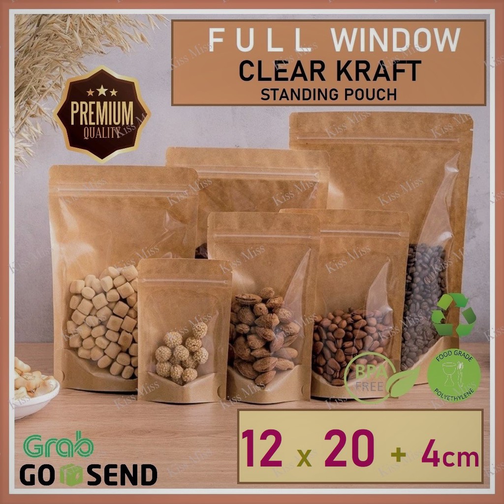 FULL WINDOW CLEAR KRAFT - 12x20cm - standing pouch - ziplock - kemasan bubuk - biji - kopi – coklat