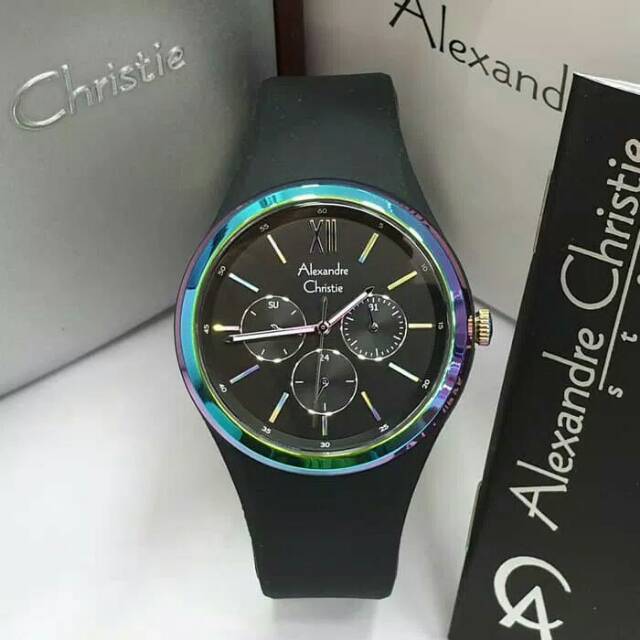 JAM TANGAN WANITA / CEWEK ALEXANDRE CHRISTIE BLACK TALI RUBBER ORIGINAL GARANSI- HITAM KARET AC 2773