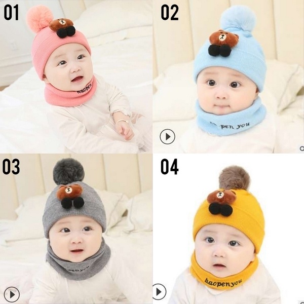 LID8043 - TOPI KUPLUK RAJUT + NECK BAND BAYI TELINGA MOTIF BERUANG UNISEX