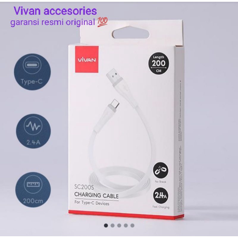 VIVAN SC200S 2,4A.200CM. Type-C Quick Charge SR Extended Protection Flat Design Data Cable WHITE