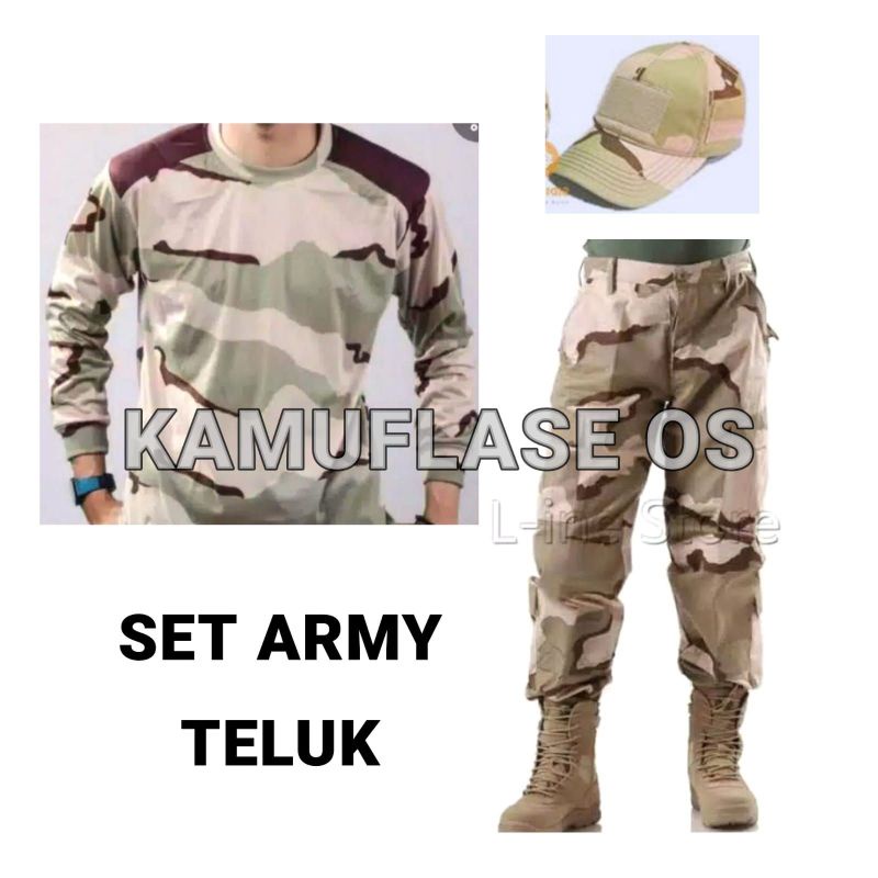 SUIT CAMOULAGE- SETELAN PAKAIAN ARMY CAMO LORENG GURUN TELUK KAOS PANJANG + CELANA PANJANG + TOPI TA