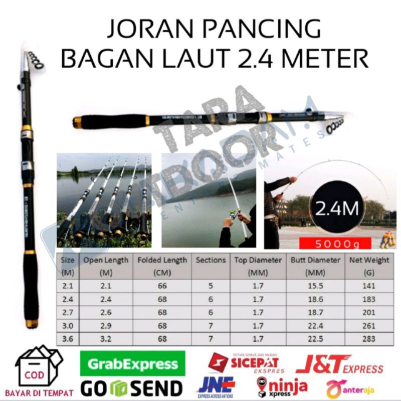 joran pancing telescopic carbon bagan laut 2.4m ghotda