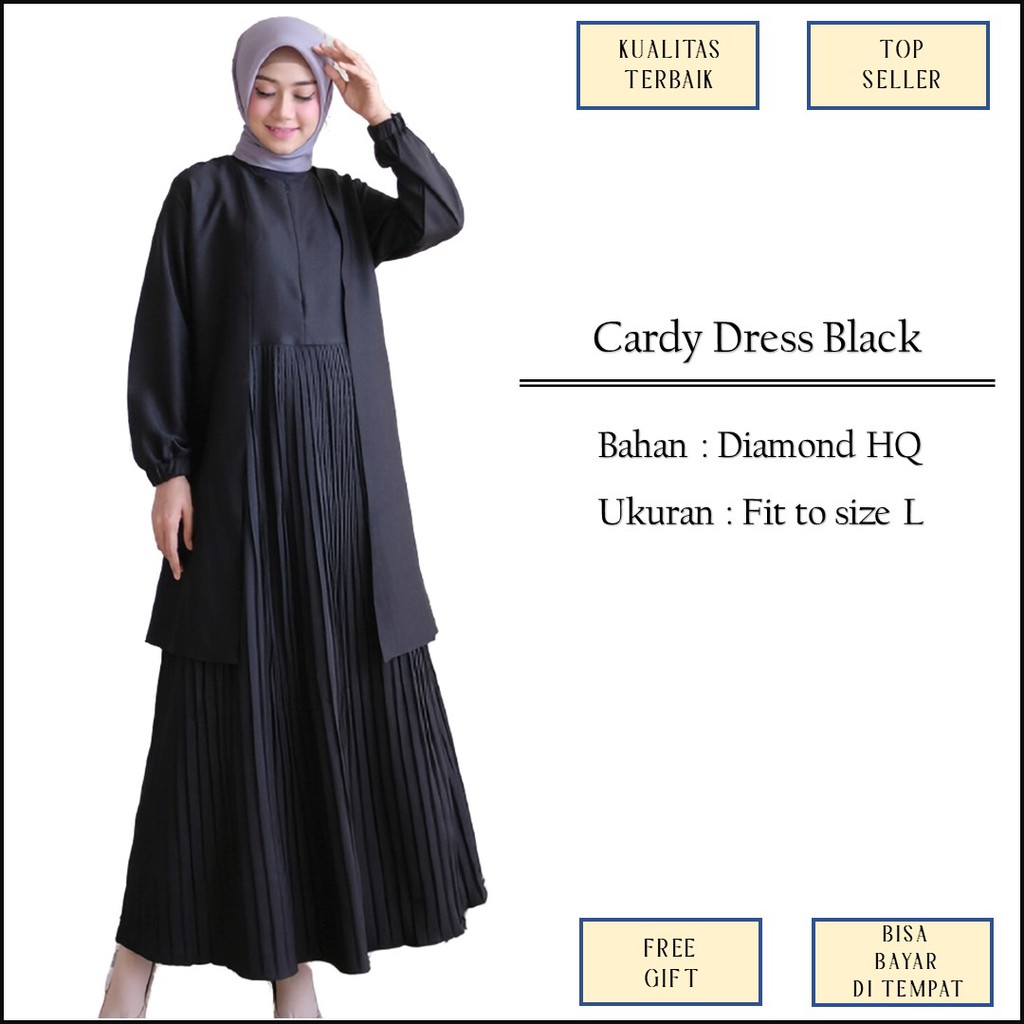 Baju Gamis Muslim Lebaran Hitam Polos Resleting Busui Variasi Plisket Bahan Diamond Size L M1203