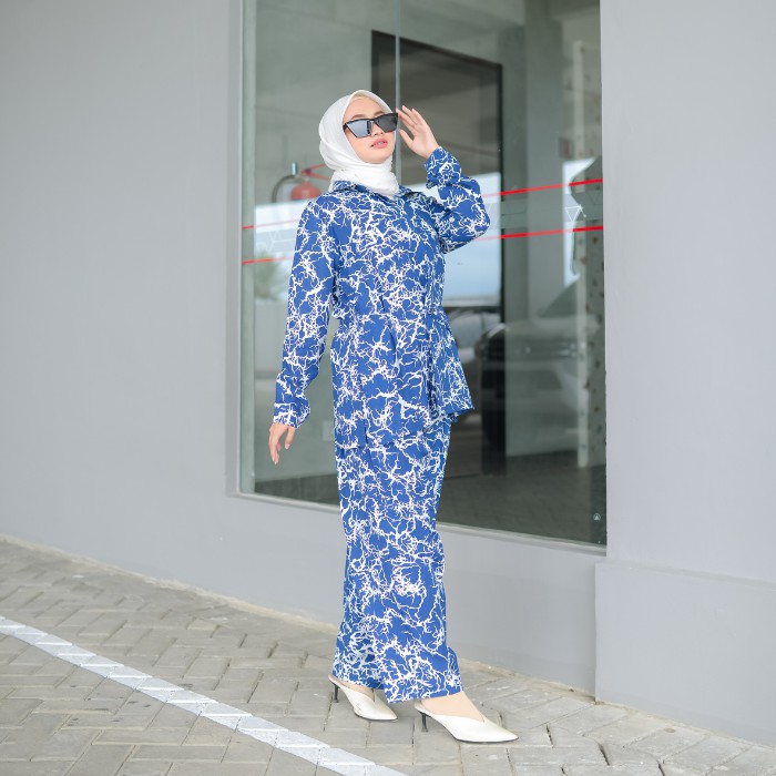 BAJU TIDUR PAJAMAS RAYON VISCOSE KEMEJA KATUN RAYON WANITA KEKINIAN FREE MASKER-MAVI