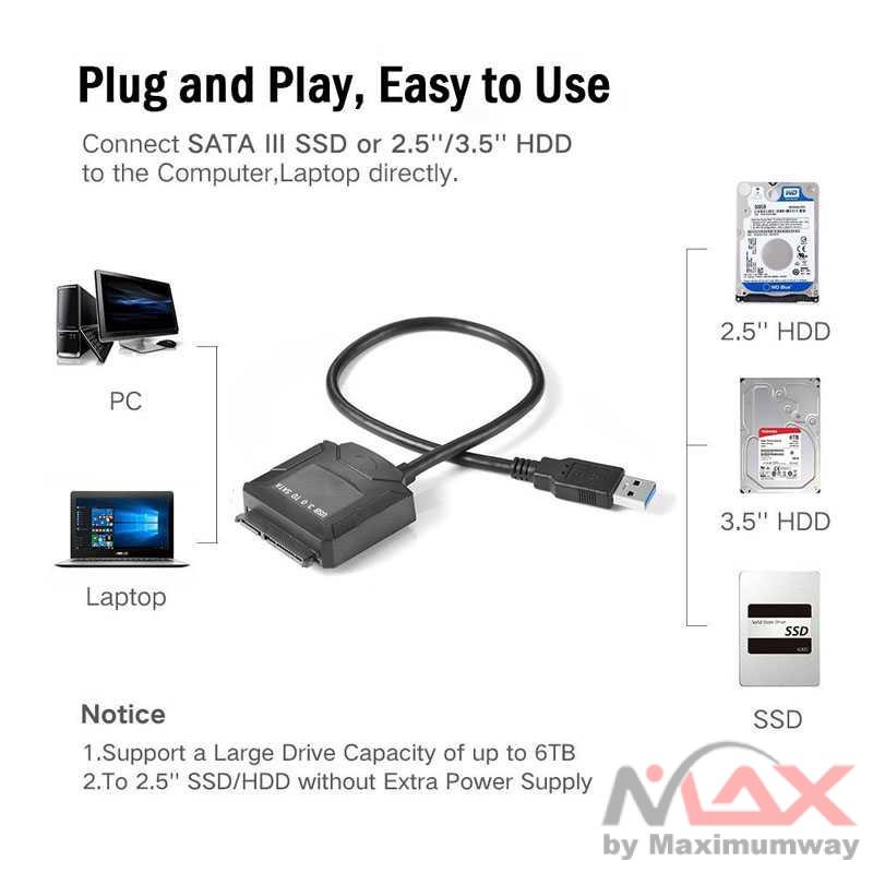 E-yield Kabel Adapter USB 3.0 to SATA for 3.5 / 2.5 Inch HDD SSD Hardisk External HH Portable Cable USB 3.0 To Sata 3.5 2.5 Hard Drive Converter Adapter Cable Support 2.5/3.5 Inch External WD HDD SSD Hard Drive For Windows