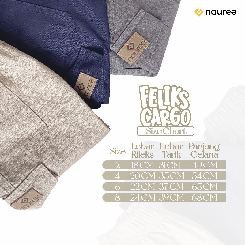 Nauree - Celana Cargo Feliks Untuk Anak Laki Laki Usia 1 2 3 4 5 6 7 8 Tahun Ukuran Lengkap Casual Sporty Stylish Kualitas Bagus Nyaman Fashionable Import Serbaguna