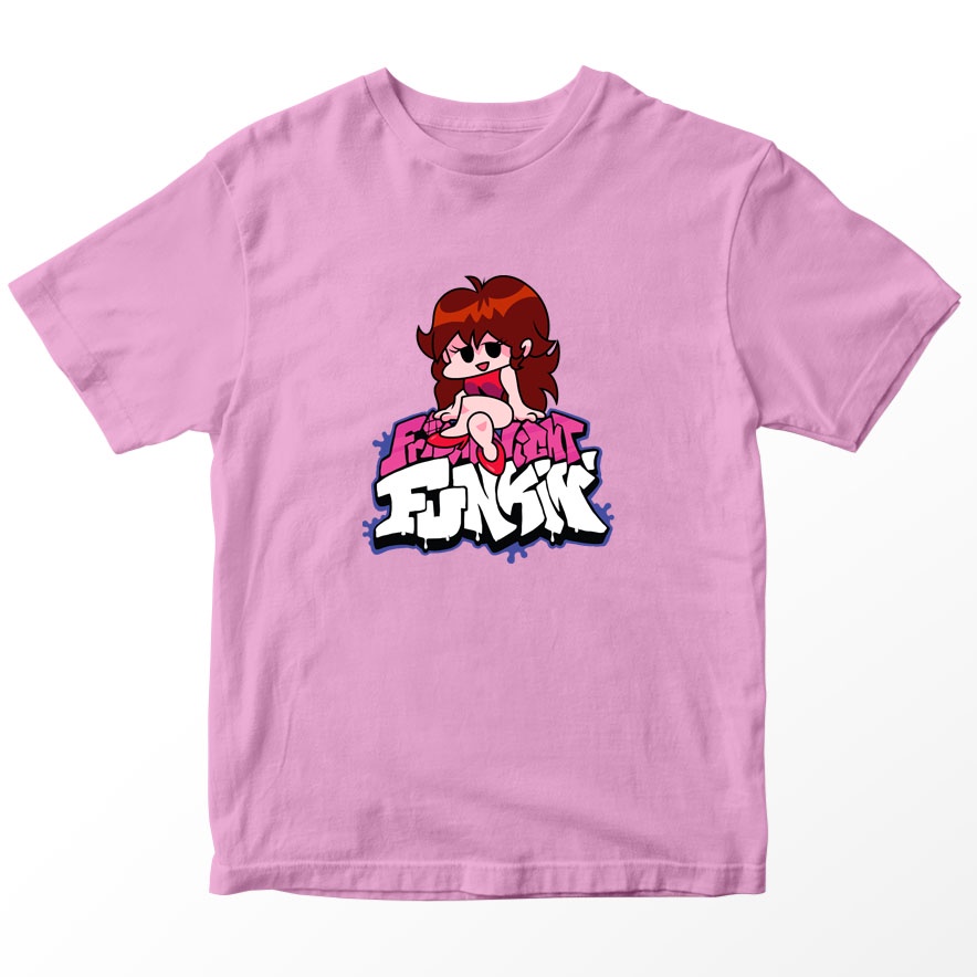 Kaos Friday Night Funkin Anak Gambar Girlfriend Logo FNF, Warna Pink, Umur 1-10 Tahun