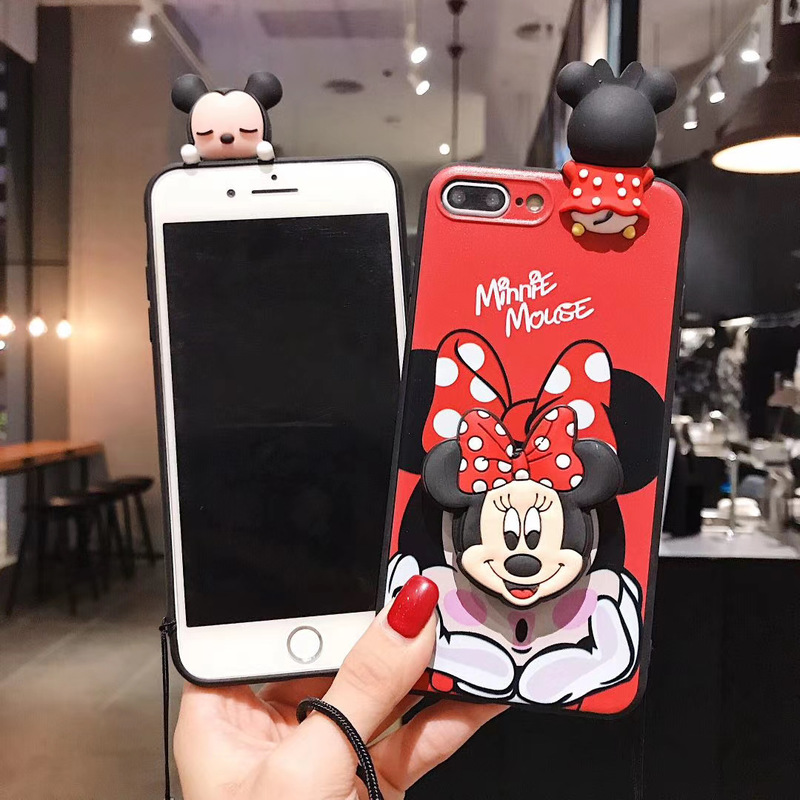 Disney Cartoons Mickey Minnie Soft Case iPhone 11 Pro Max XS XR SE2 i6 7 8 Plus Cartoon bracket lanyard Case