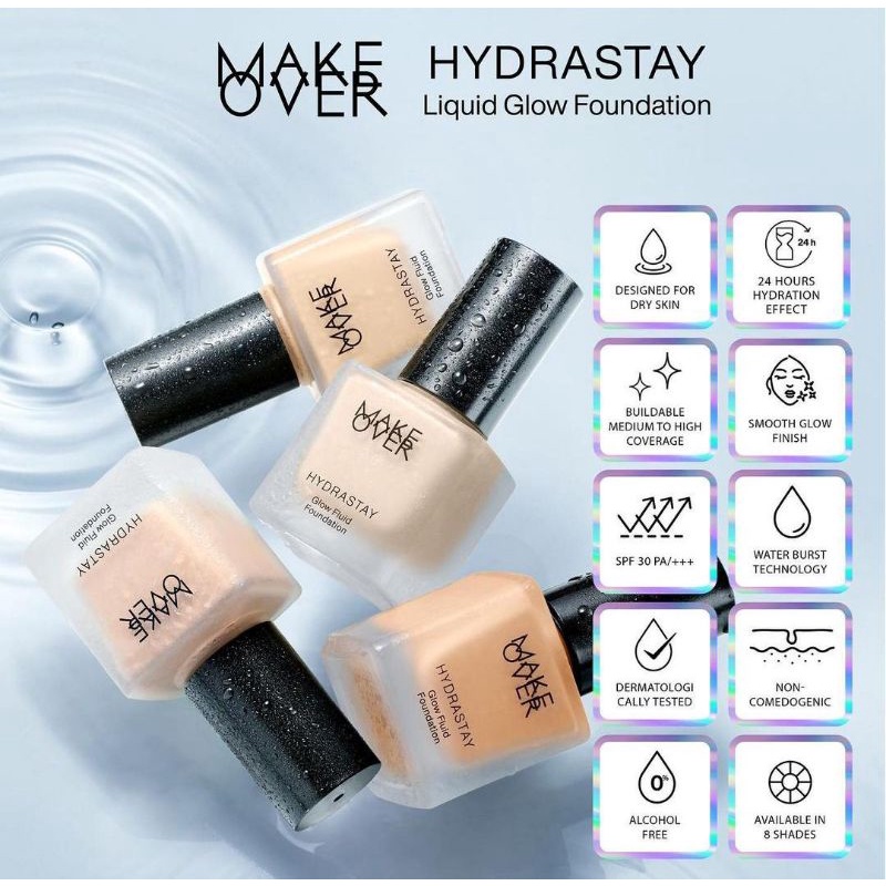 `ღ´ PHINKL `ღ´ 🅼🅰🅺🅴 🅾🆅🅴🆁 MAKE OVER Hydrastay Liquid Glow Foundation alas bedak full coverage