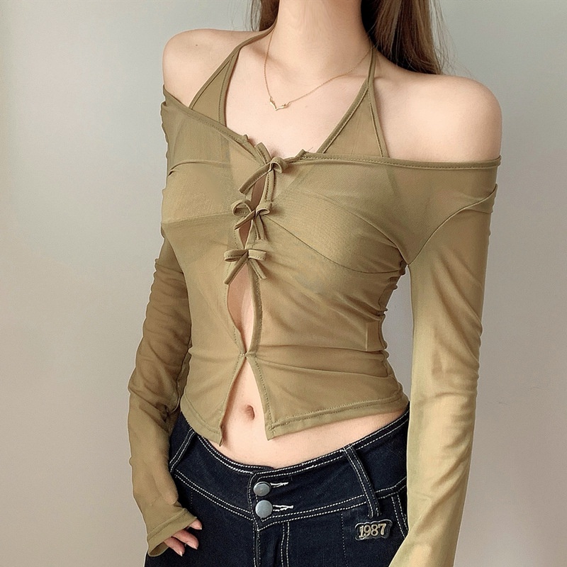 【AMY J】 Sexy Slim Fit V-neck Perspective Sweet Bow Decoration  Crop Tops 7366