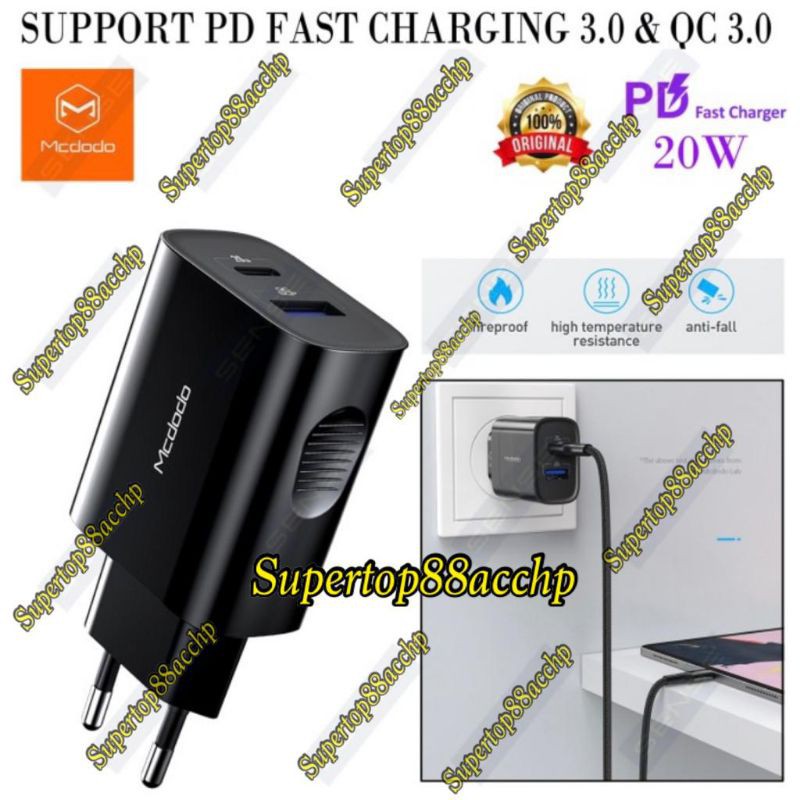 Mcdodo Adaptor / Kepala Charger USB + Type C Fast Charge 20W ORIGINAL