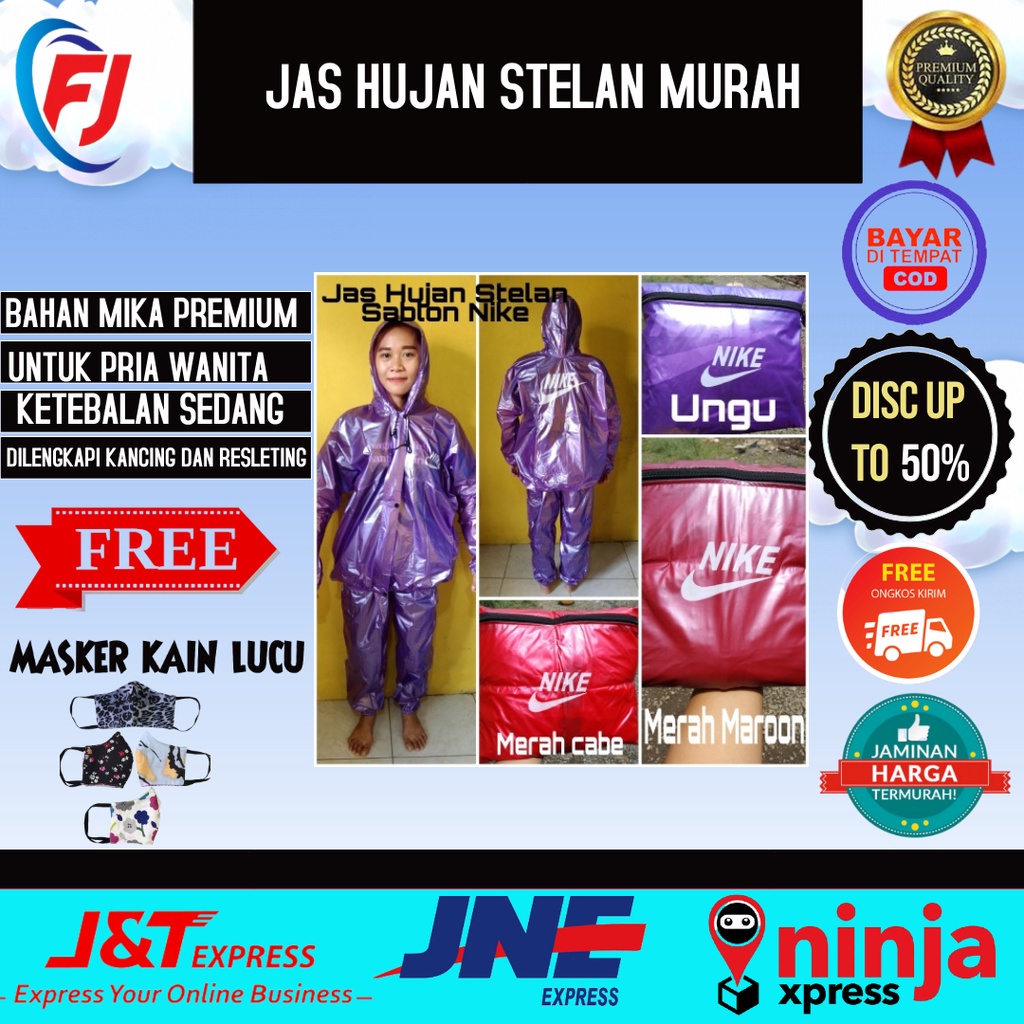 Jas Hujan Setelan Pria wanita Murah Sablon Nike free masker kain 2ply motif bunga/macan/rainbow