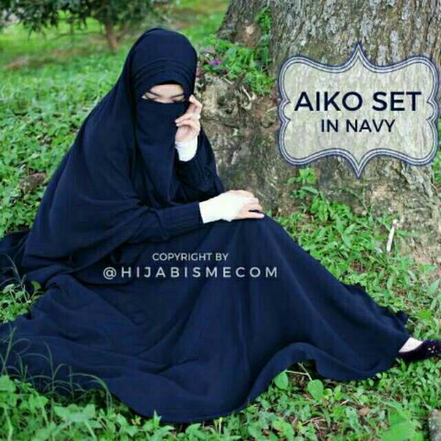 Gamis set aiko navi biru dongker jilbab dan cadar tali original by hijabisme - nenys hijab