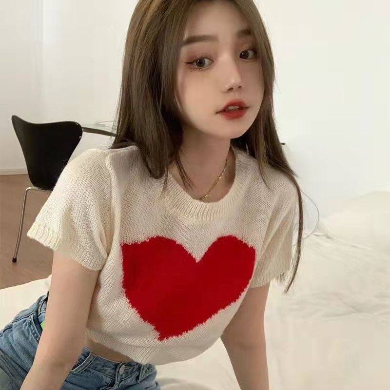 pro love sweater rajut wanita versi korea musim panas baru hot girl tops ins slim fit dan kaos lenga