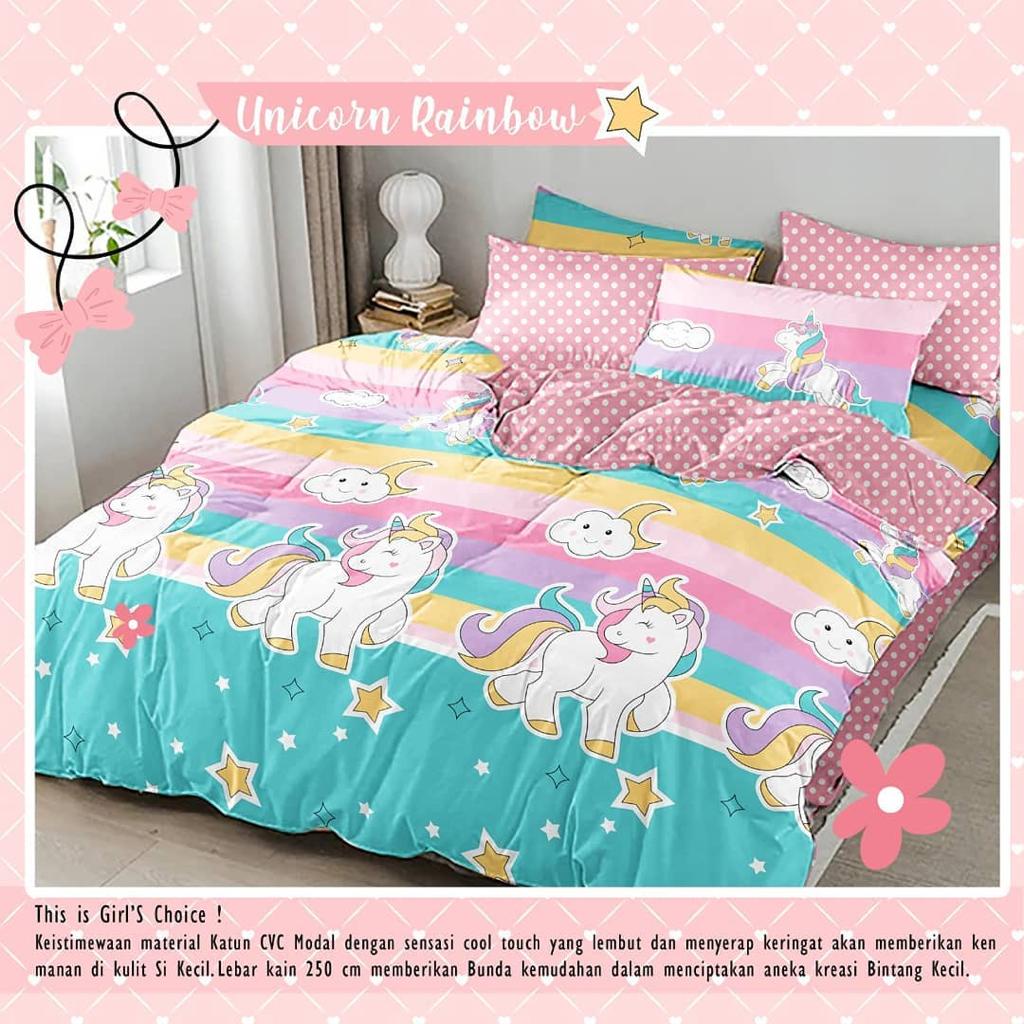 Einhomestuff Sprei Bahan Lokal Motif Unicorn Rainbow