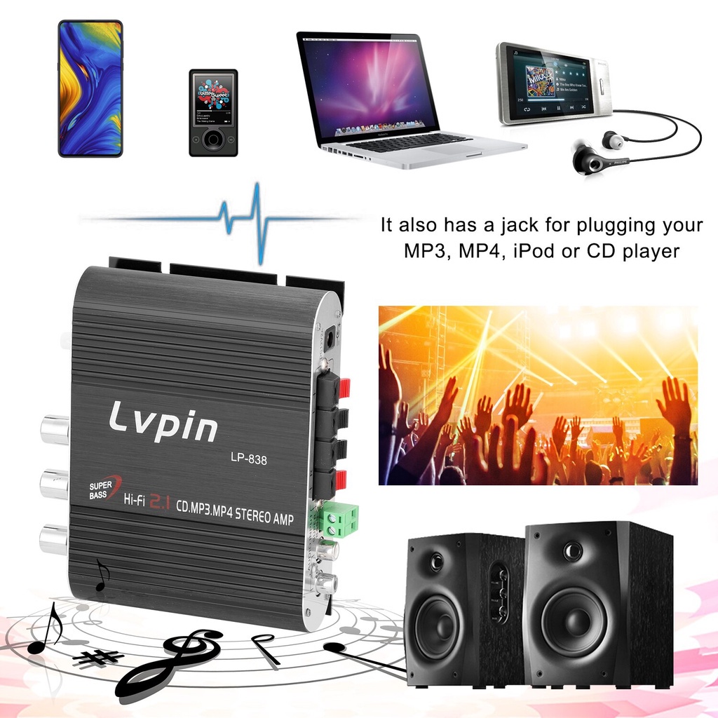 LVPIN LEPY Mini Hifi 2.1 Stereo Ampli Mobil Amplifier Treble Bass Booster 12V  LP-838