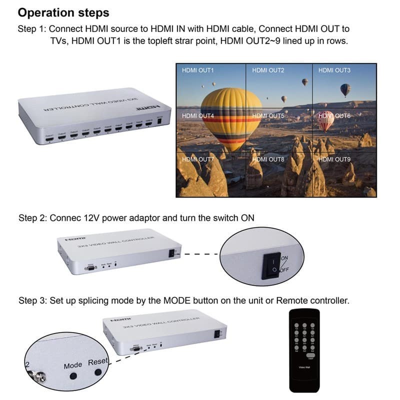 VIDEO WALL 3x3 CONTROLLER HDMI 9 TV to 1 gambar multi 13 splicing mode