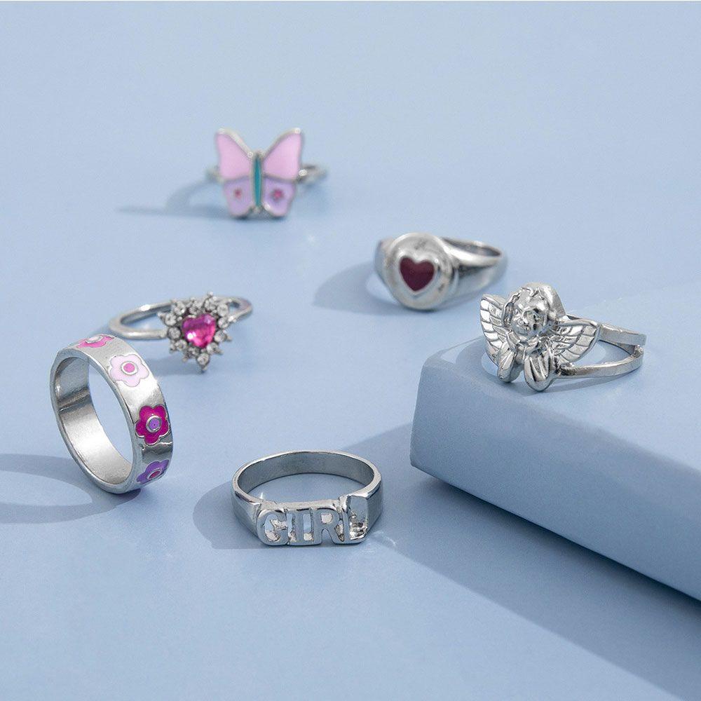 R-flower 6pcs/Set Cincin Wanita Angel Jewelry Pink