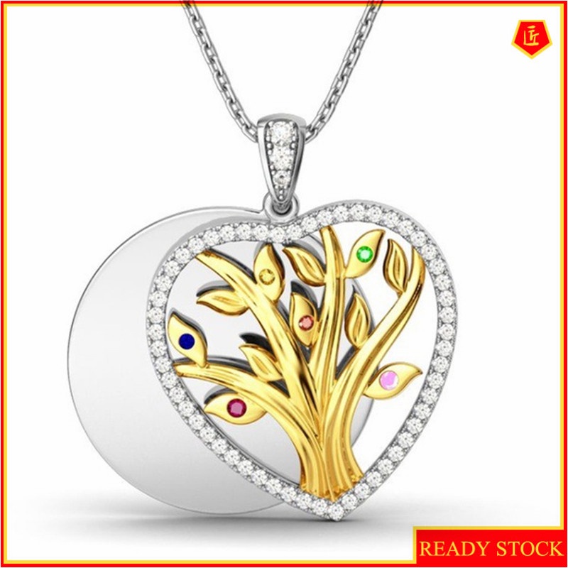 [Ready Stock]Fashion New Love Heart-Shaped Big Tree Jeweled Pendant Plated 18K Gold Necklace