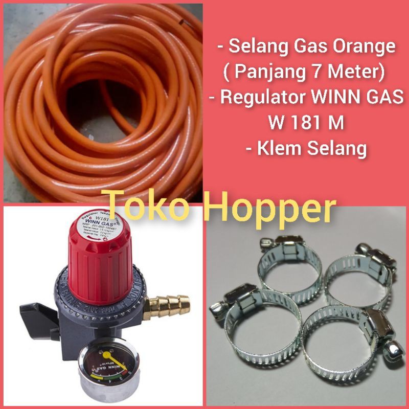 Selang Gas Orange Panjang 7 Meter dan Regulator Winn Gas W181M