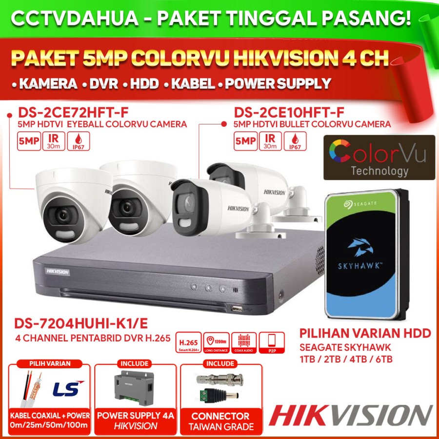 PAKET CCTV HIKVISION 4CH 5MP 4 KAMERA COLORVU HIKVISION SIAP PASANG