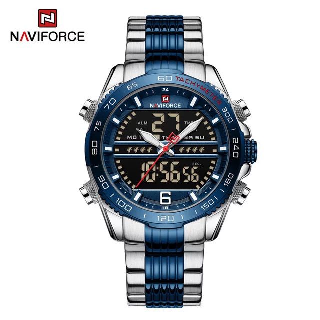 JAM TANGAN COWOK DUAL TIME RANTAI STAINLESS TYPE NAVIFORCE NF-9195 ORIGINAL WATERESISTAN 3 ATM/JAM TANGAN COWOK DUAL TIME ANALOG-DIGITAL