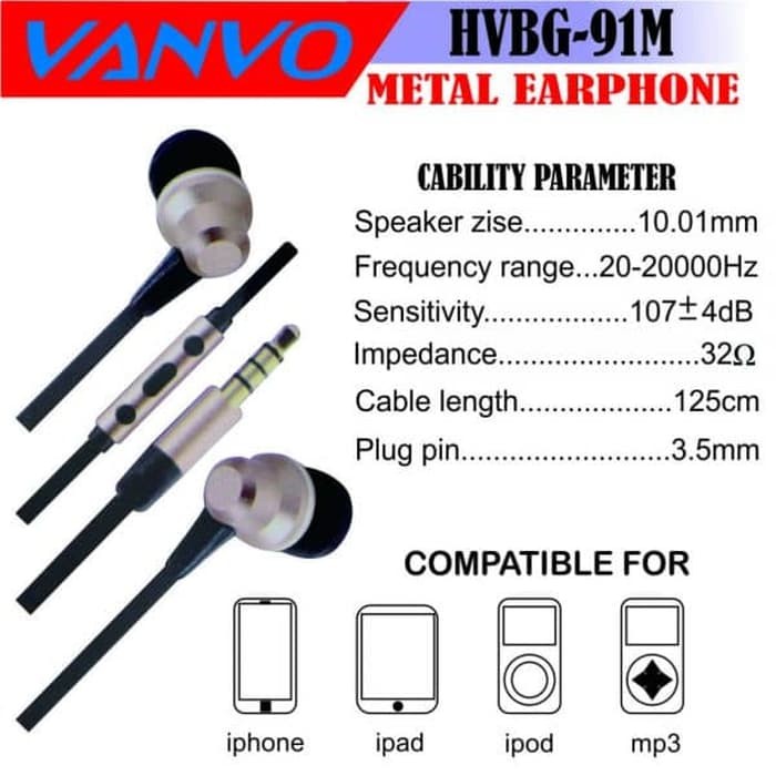 HANDSFREE HEADSET EARPHONE VANVO METAL HVBG-91M